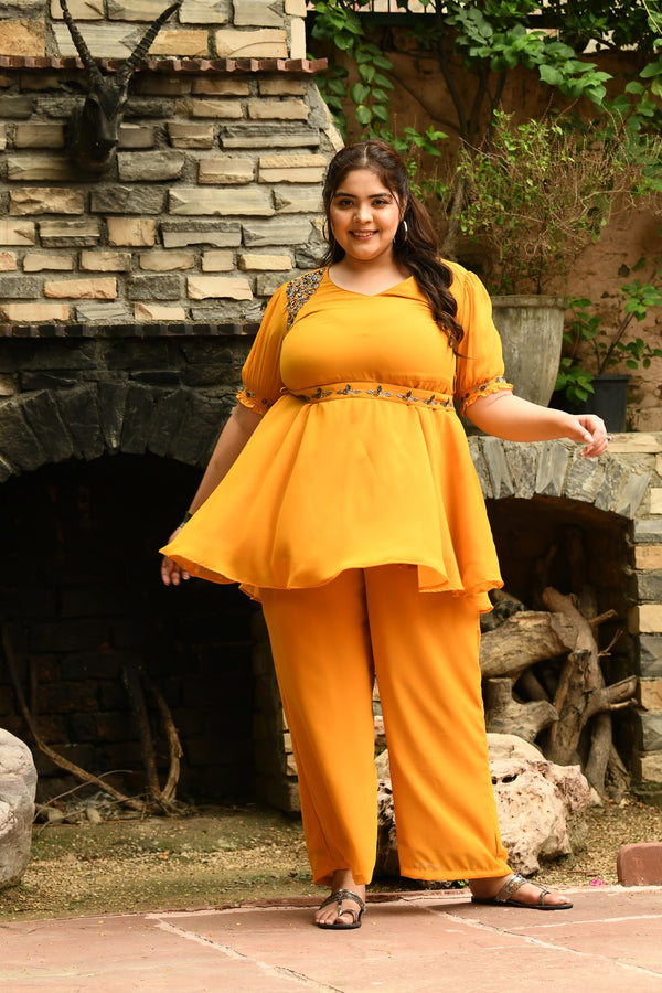 Plus Size Magical Mustard Embellished Co-ord Set with Designer Belt