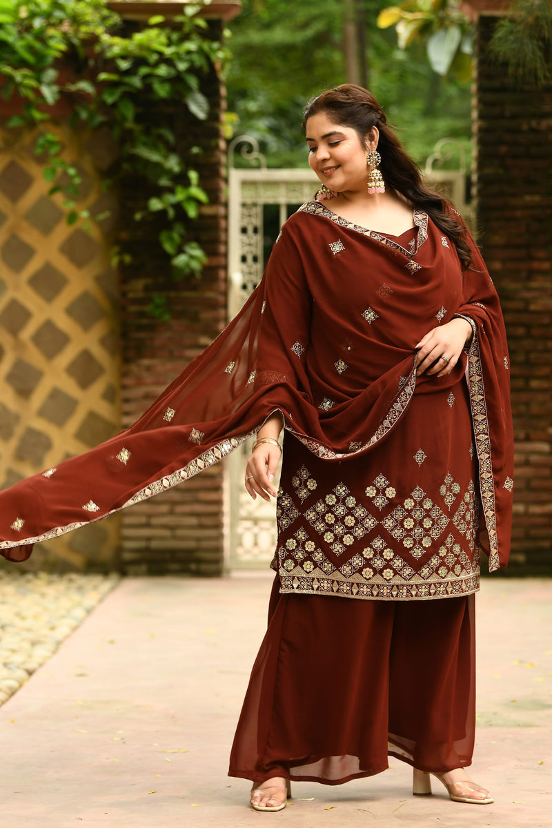 Plus Size Royal Rust Embroidered Sharara Set with Gorgeous Dupatta