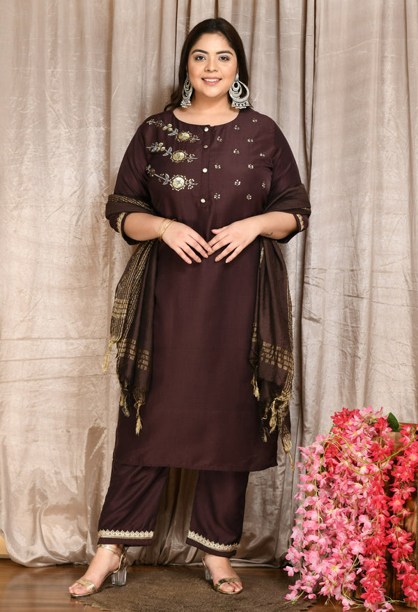Plus Size Brown Coffee Three Sequin Kurta Set with Dupatta